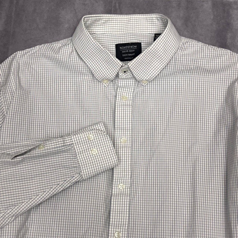 Nordstrom Men Shop Button Down Shirt Mens 18 34-35 White Navy Good Tech-Smart